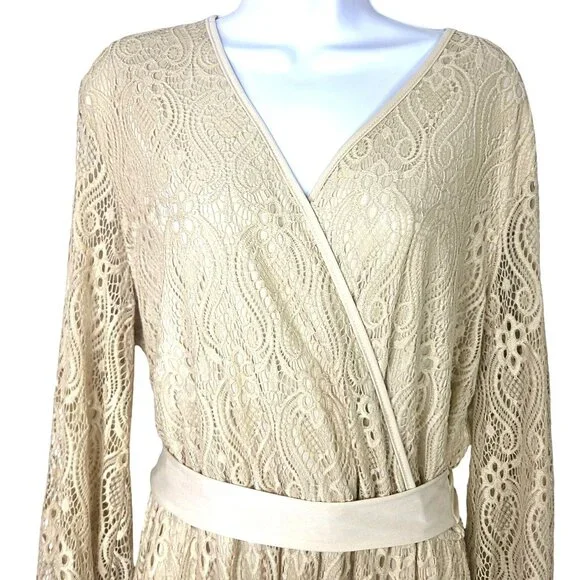 Karen-T Design Womens Lace Maxi Faux-Wrap Dress 2X Beige Long Sleeve Elegant Gow - Picture 2 of 6